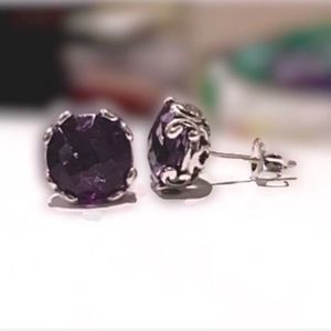 SAMUEL B Faceted Round Cut Amethyst Sterling Silver 925 Stud Earrings